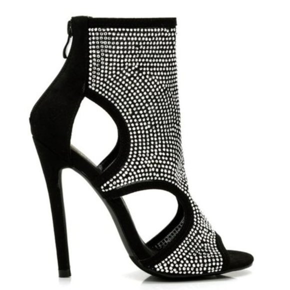 Fashion Nova Shoes - NEW Black Rhinestone Peep Toe Stiletto Ankle Boots